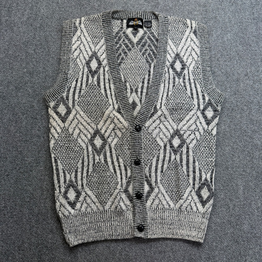 Vintage RAF Men Black White Geometric Diamond Knit Cardigan Vest L Ramie Blend